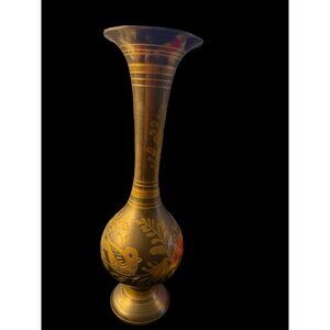 Vintage Etched Brass Vase 15" tall; floral motifs